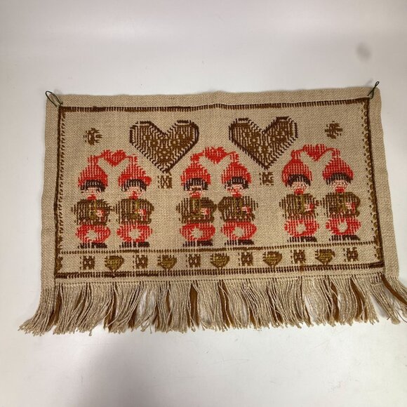 Swedish Cross Stitch Christmas Tapestry Wall Hanging Red Gingerbread Hearts Elf - Picture 4 of 4